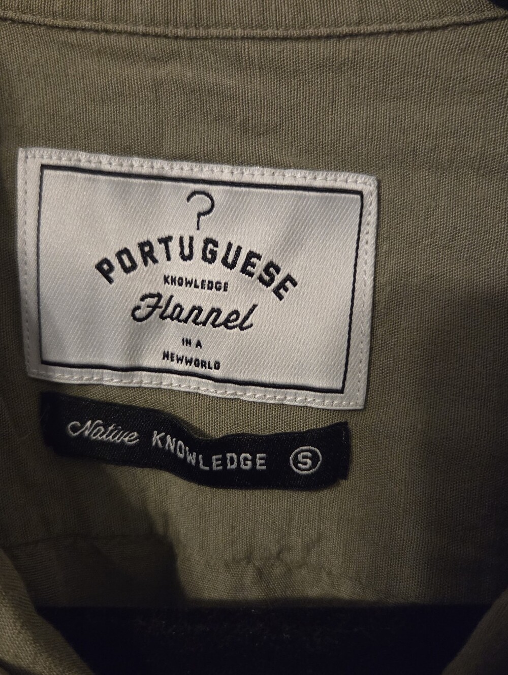 Portuguese Flannel Men's Dogtown Collar Camp Olive Green Linen Blend Shirt Sz S - Picture 4 of 7